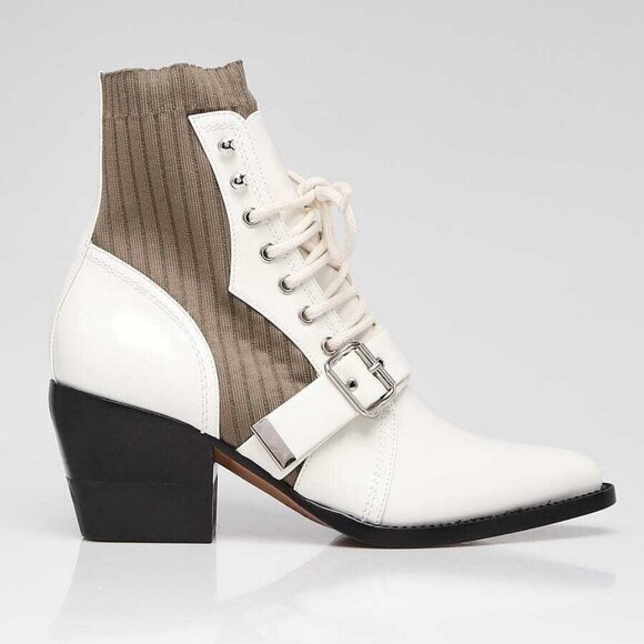 Chloe White Leather Green Knit Lace Up Rylee Ankle Boots Size 9.5/40 - Picture 4 of 5